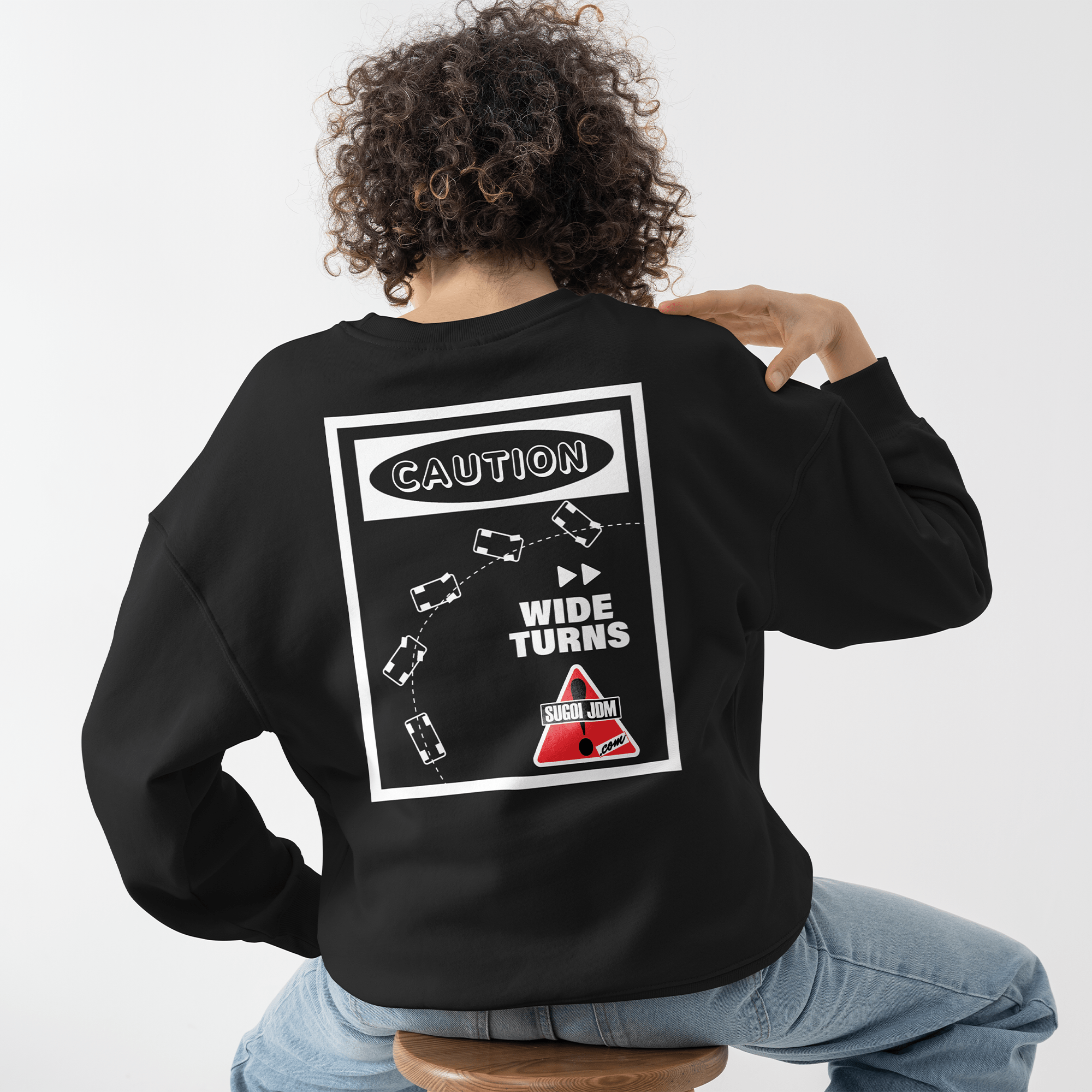 1990s Legacy Caution Wide Turns Sugoi JDM Drift Speed Team Sweatshirt Black - Sugoi JDM