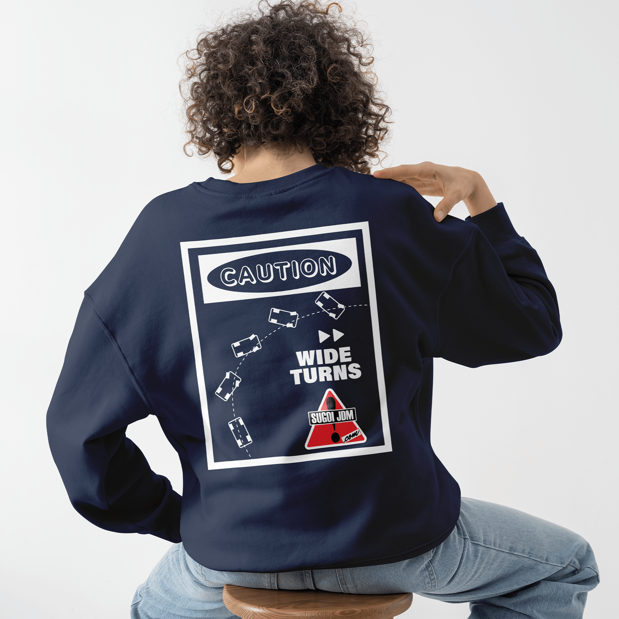 1990s Legacy Caution Wide Turns Sugoi JDM Drift Speed Team Sweatshirt Blue - Sugoi JDM