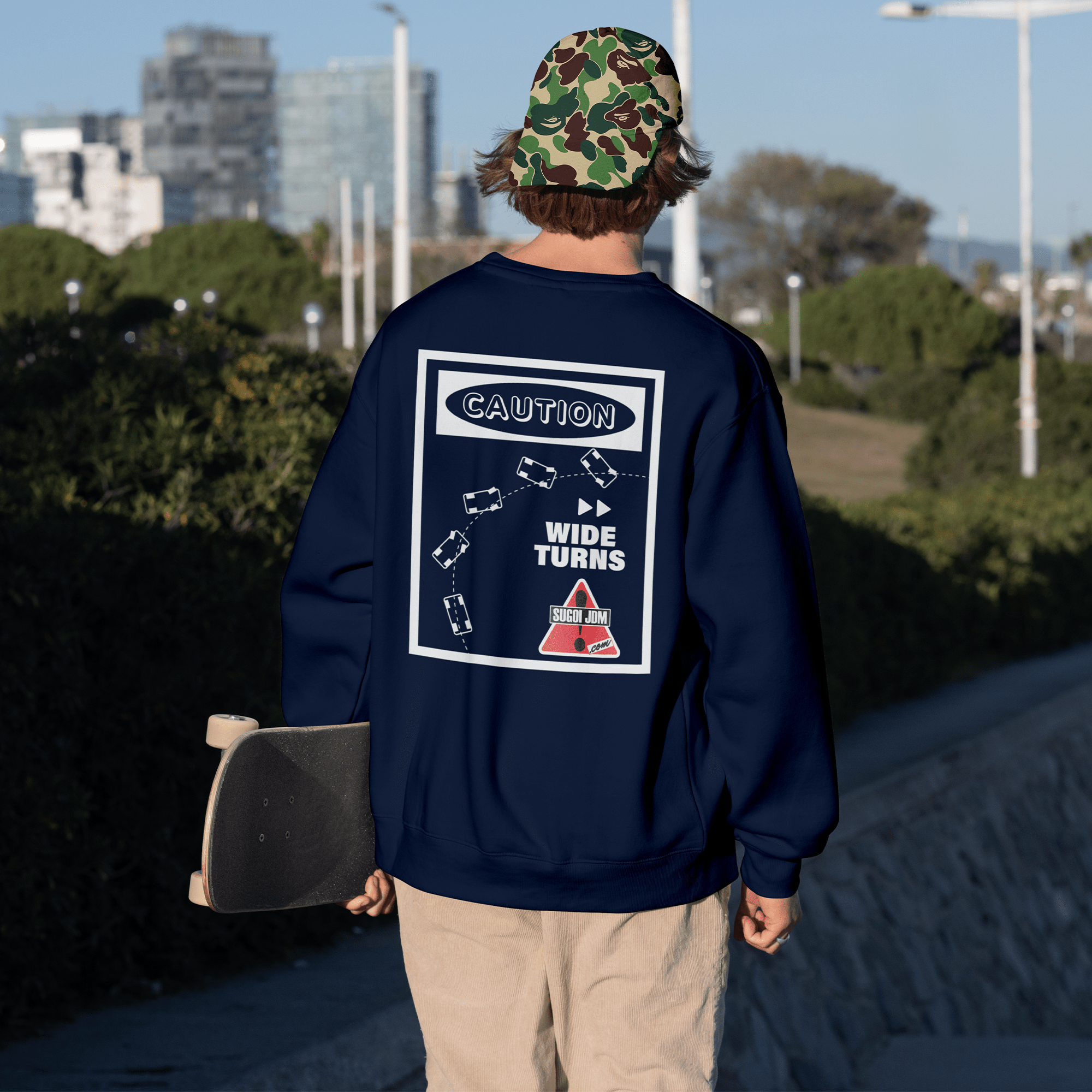 1990s Legacy Caution Wide Turns Sugoi JDM Drift Speed Team Sweatshirt Blue - Sugoi JDM