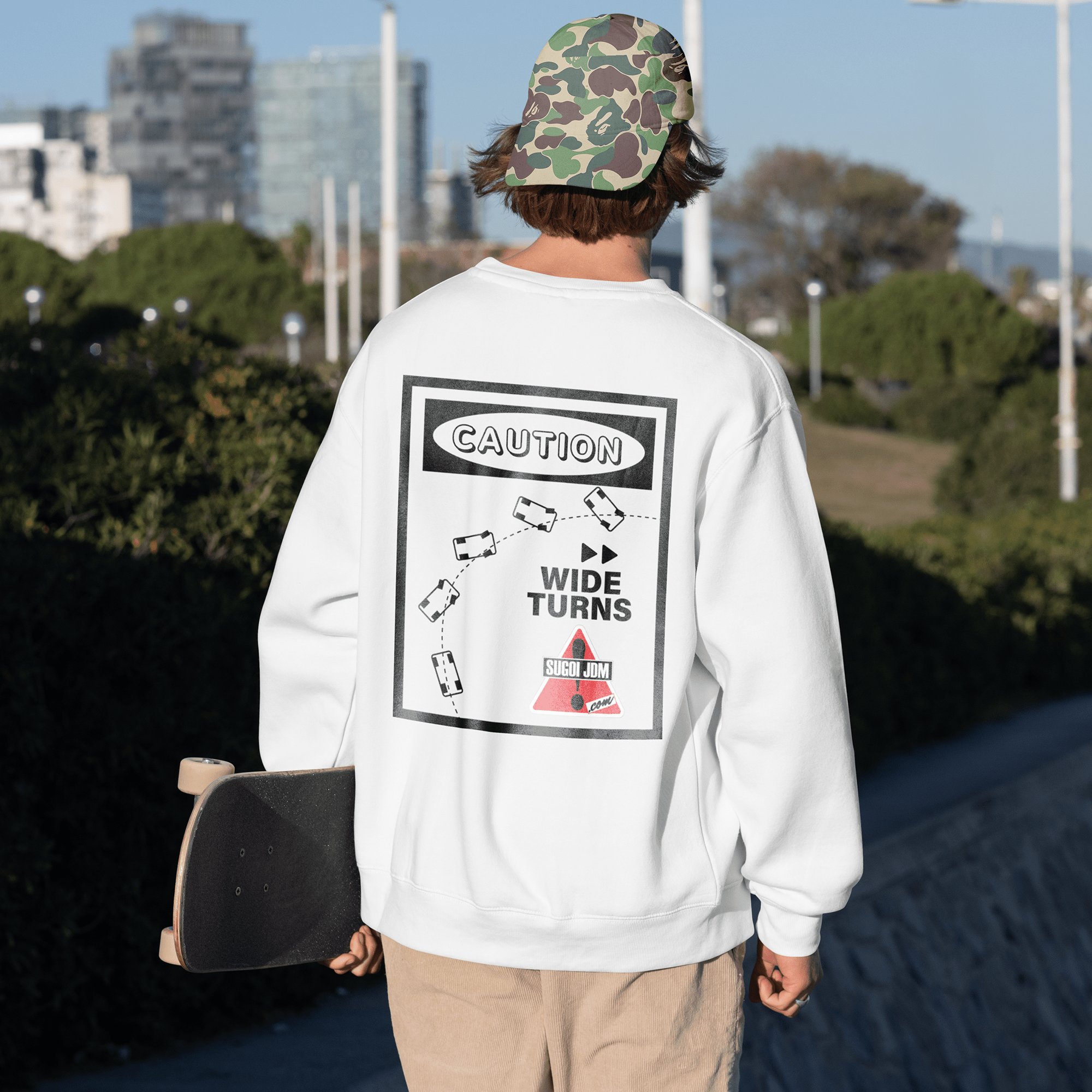 1990s Legacy Caution Wide Turns Sugoi JDM Drift Speed Team Sweatshirt White - Sugoi JDM