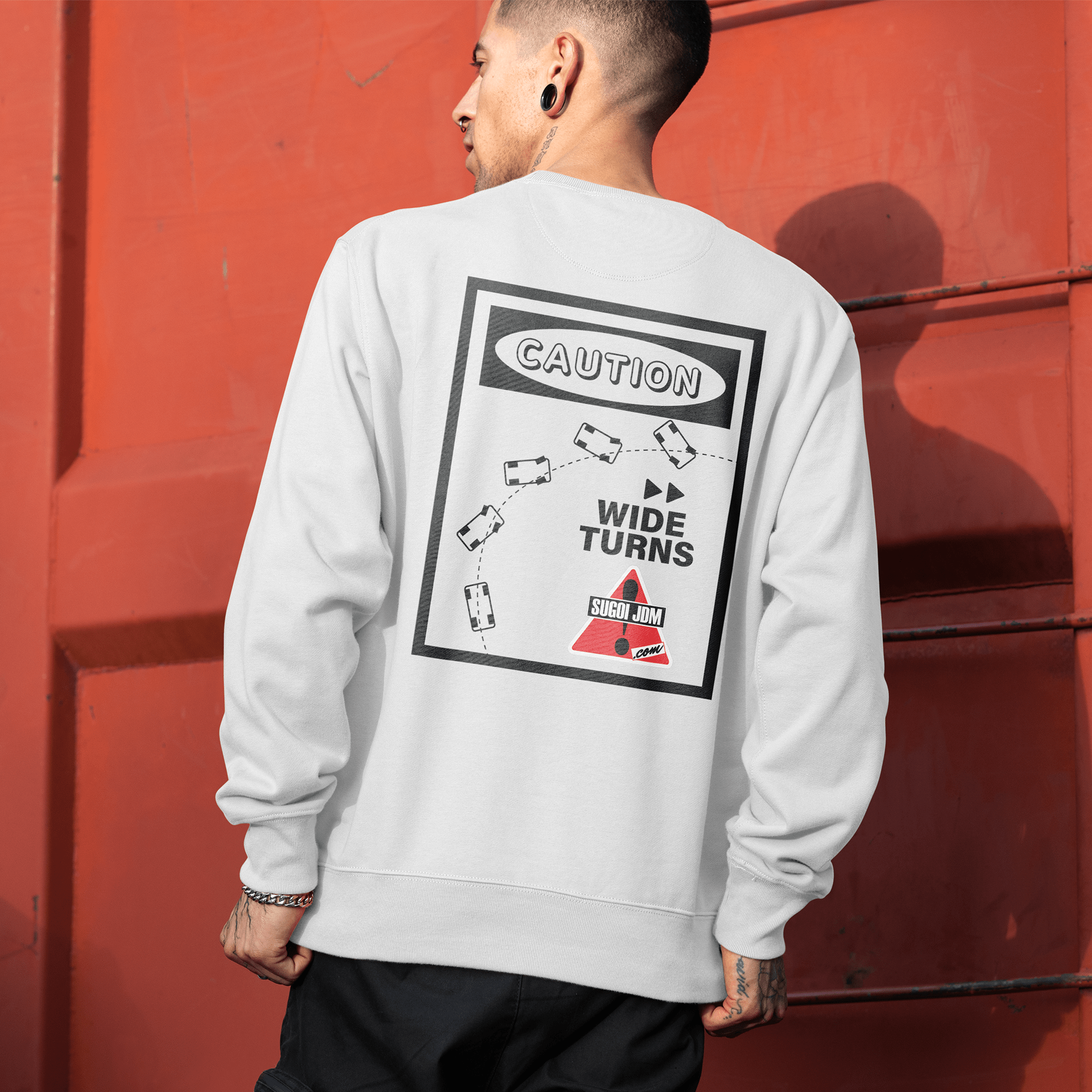 1990s Legacy Caution Wide Turns Sugoi JDM Drift Speed Team Sweatshirt White - Sugoi JDM