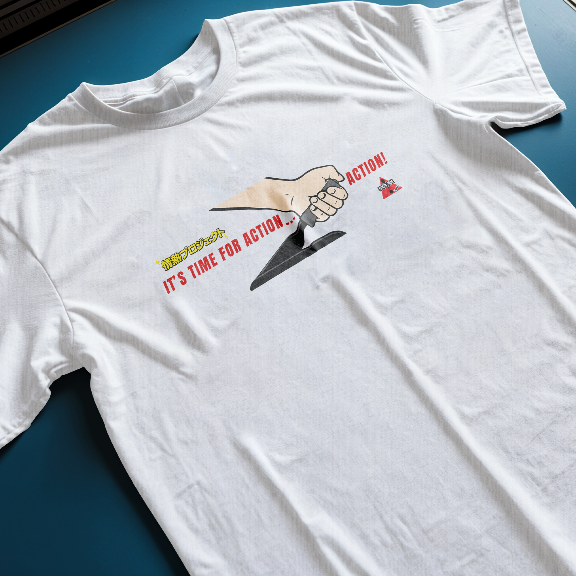 White t-shirt with graphic design and text on a blue surface