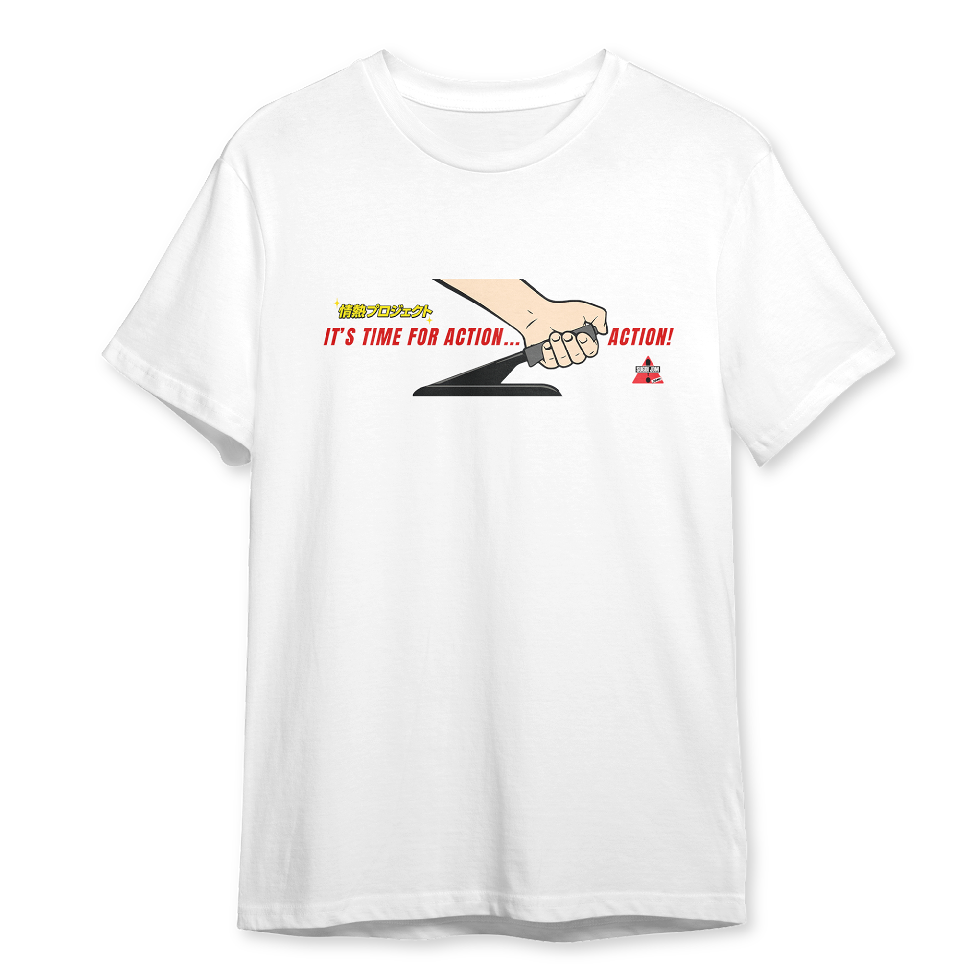 White t-shirt with graphic design and text on a white background