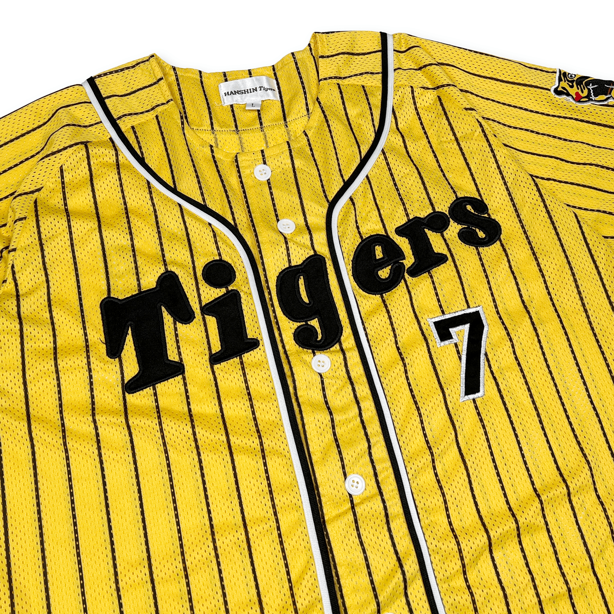 Retro NPB Hanshin Tigers Tsuyoshi Nishioka Pin Stripe Baseball Jersey Yellow - Sugoi JDM