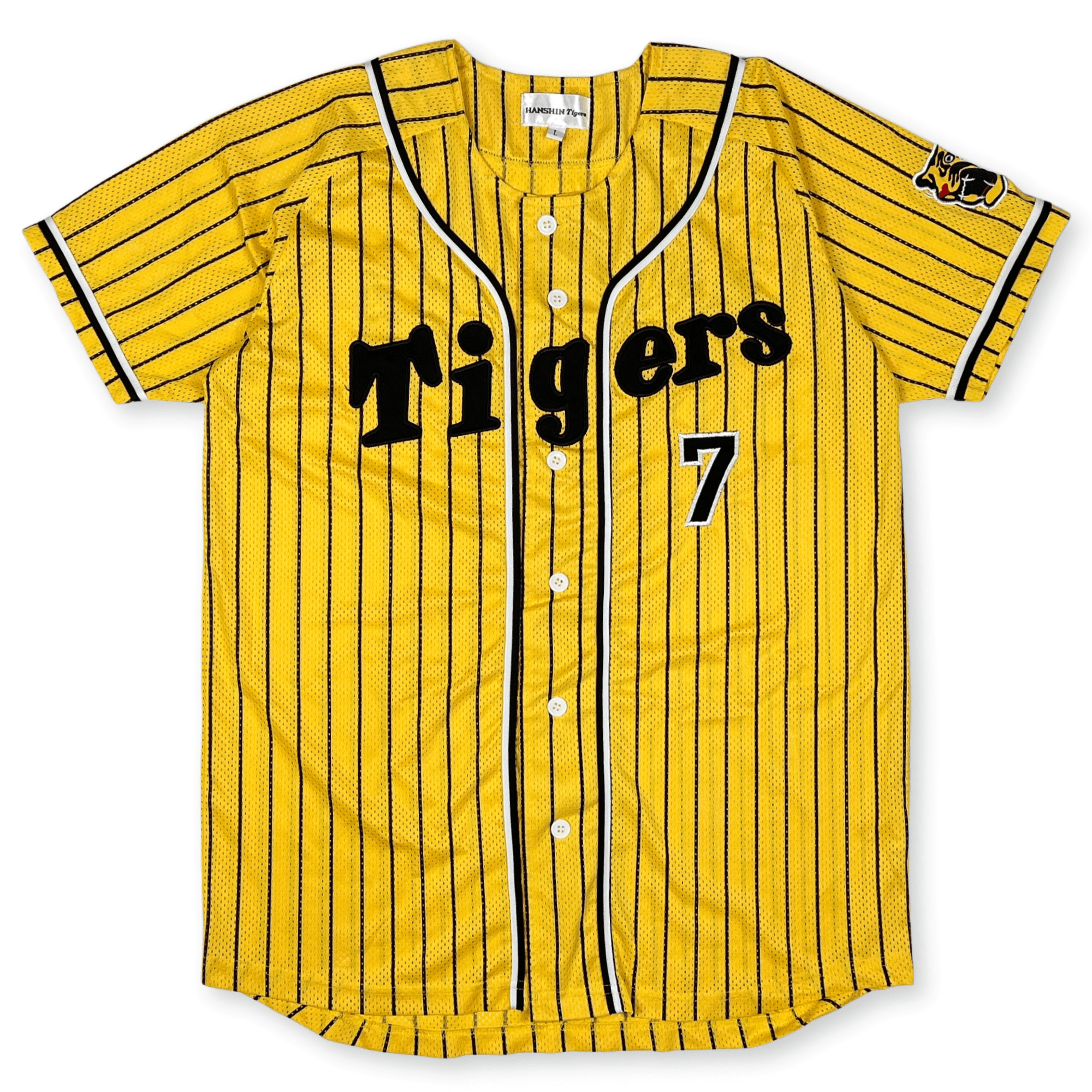 Retro NPB Hanshin Tigers Tsuyoshi Nishioka Pin Stripe Baseball Jersey Yellow - Sugoi JDM