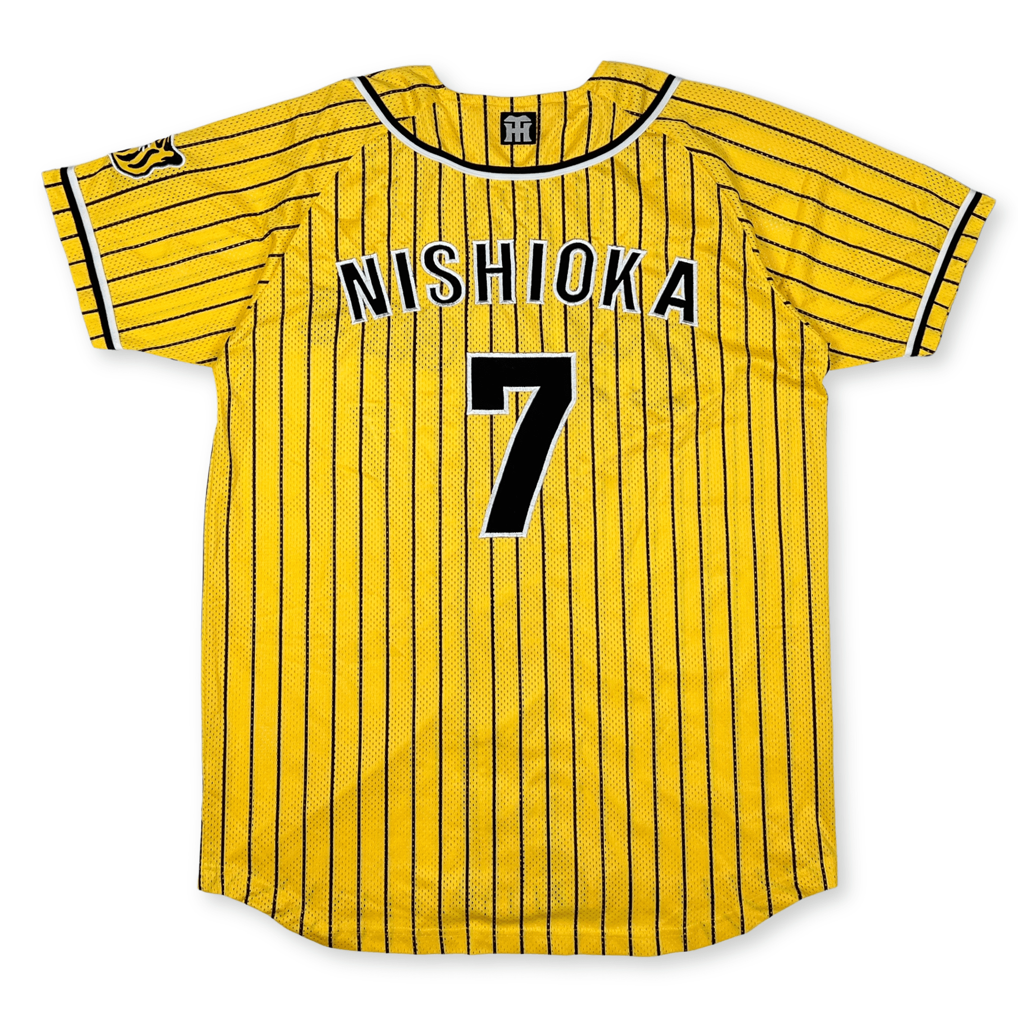 Retro NPB Hanshin Tigers Tsuyoshi Nishioka Pin Stripe Baseball Jersey Yellow - Sugoi JDM