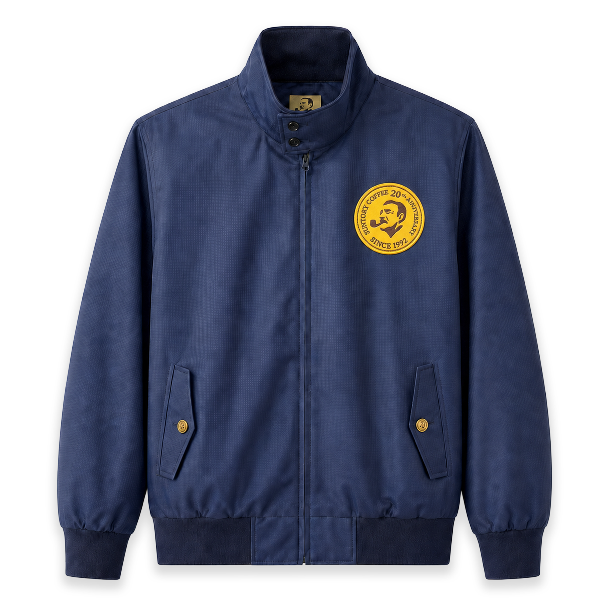 Navy blue jacket with a yellow logo on a white background