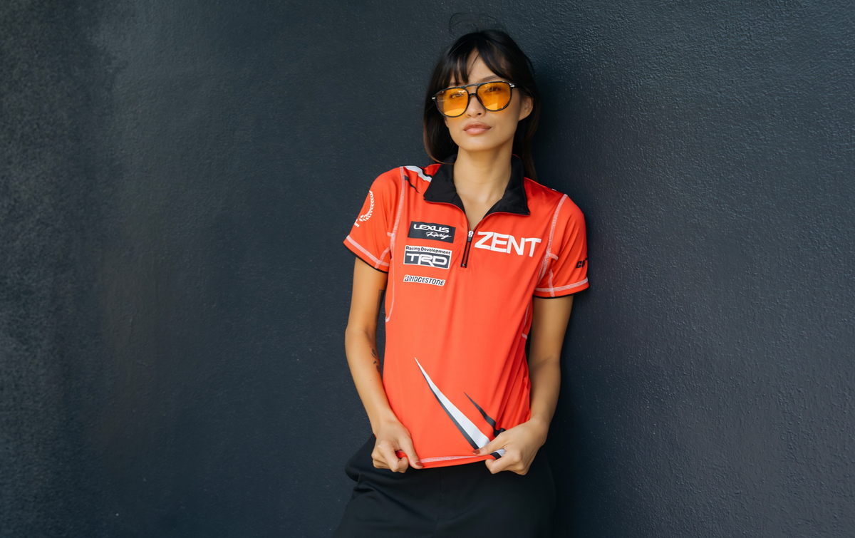 woman model wearing a red super gt lexus tracing trd zent shirt