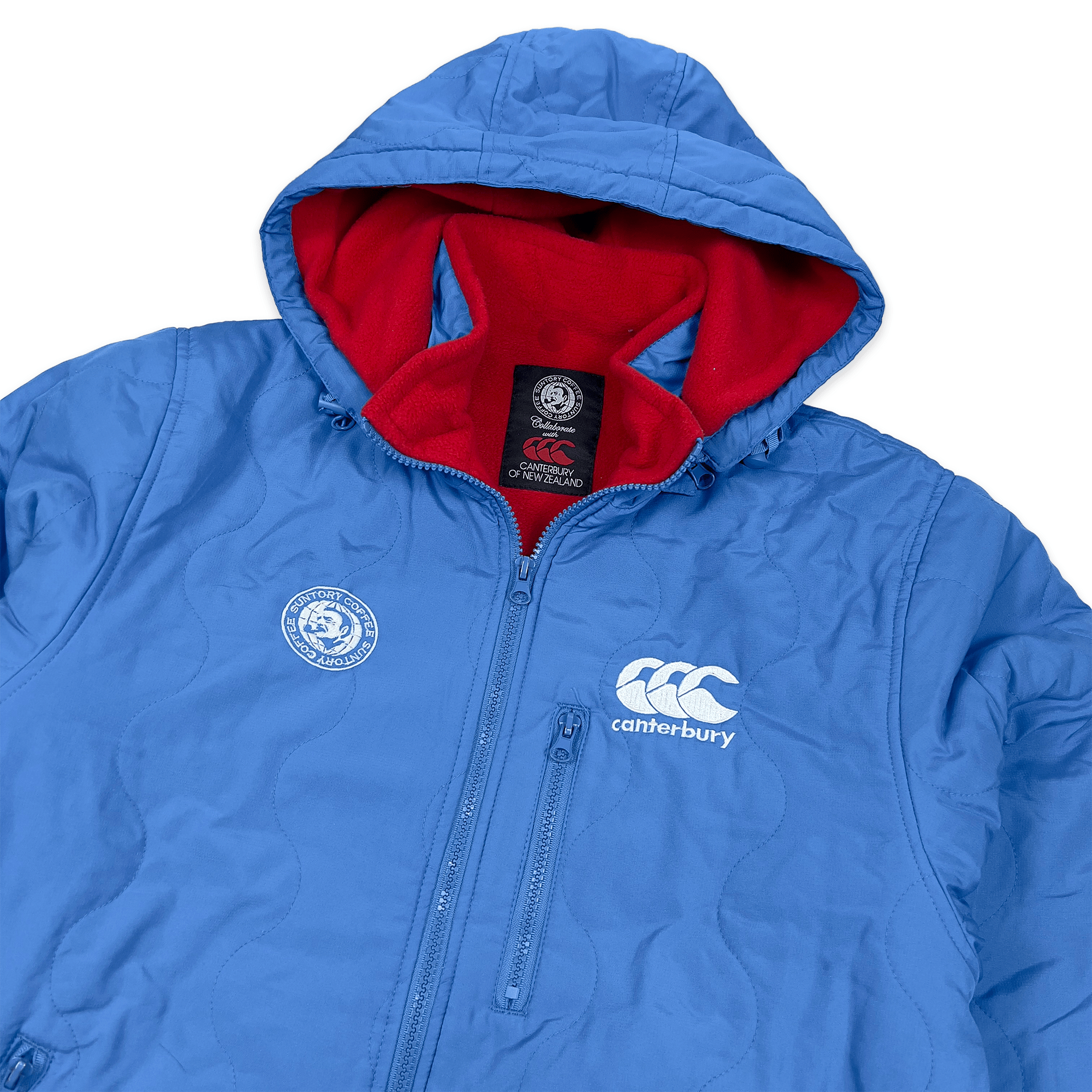 1990s Japan Suntory Boss Coffee Canterbury Insulated Hooded Jacket Blue - Sugoi JDM