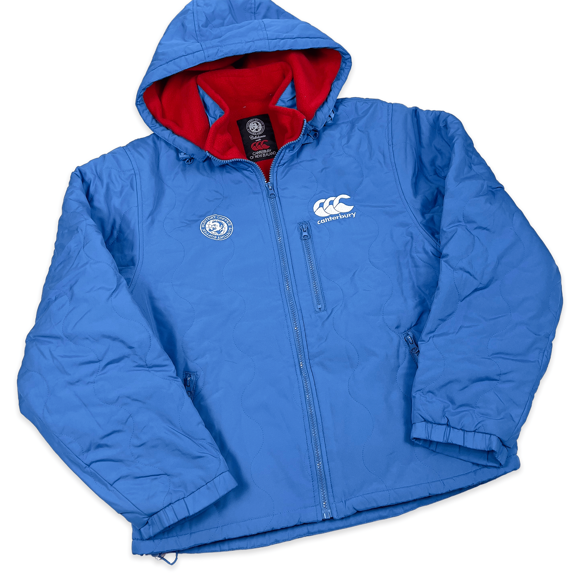 1990s Japan Suntory Boss Coffee Canterbury Insulated Hooded Jacket Blue - Sugoi JDM