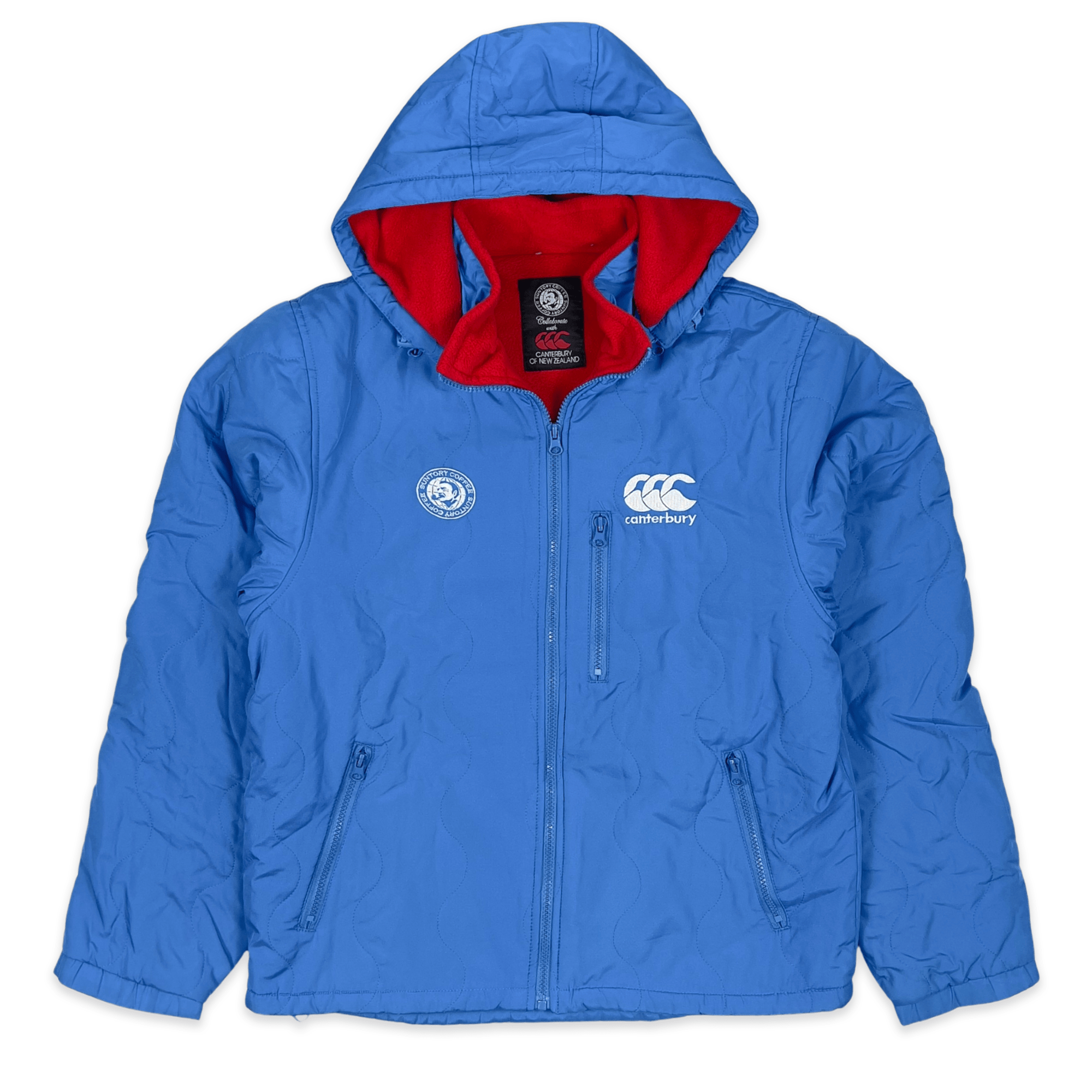 1990s Japan Suntory Boss Coffee Canterbury Insulated Hooded Jacket Blue - Sugoi JDM