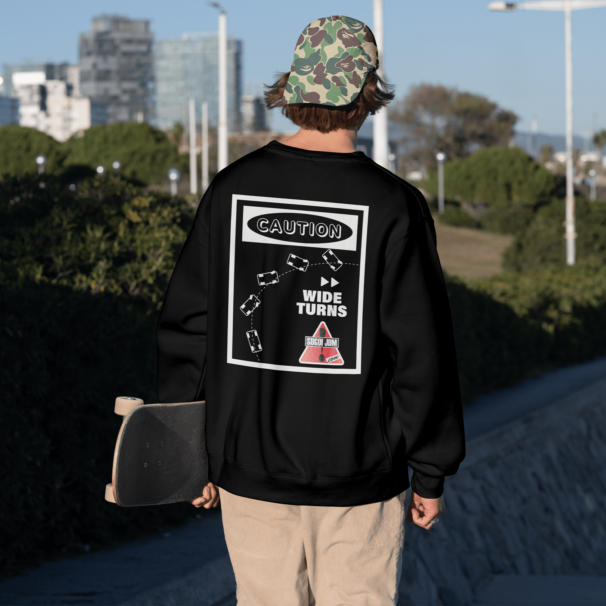 1990s Legacy Caution Wide Turns Sugoi JDM Drift Speed Team Sweatshirt Black - Sugoi JDM