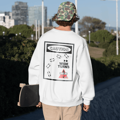 1990s Legacy Caution Wide Turns Sugoi JDM Drift Speed Team Sweatshirt White - Sugoi JDM