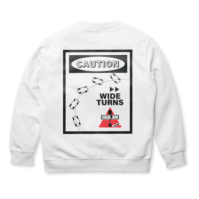 1990s Legacy Caution Wide Turns Sugoi JDM Drift Speed Team Sweatshirt White - Sugoi JDM