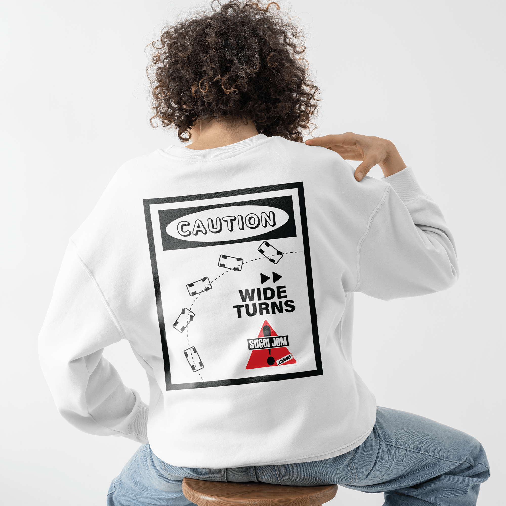 1990s Legacy Caution Wide Turns Sugoi JDM Drift Speed Team Sweatshirt White - Sugoi JDM