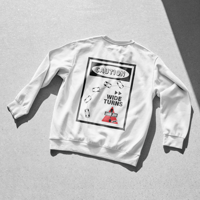 1990s Legacy Caution Wide Turns Sugoi JDM Drift Speed Team Sweatshirt White - Sugoi JDM