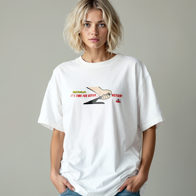 Person wearing a white t-shirt with a graphic design on a plain background