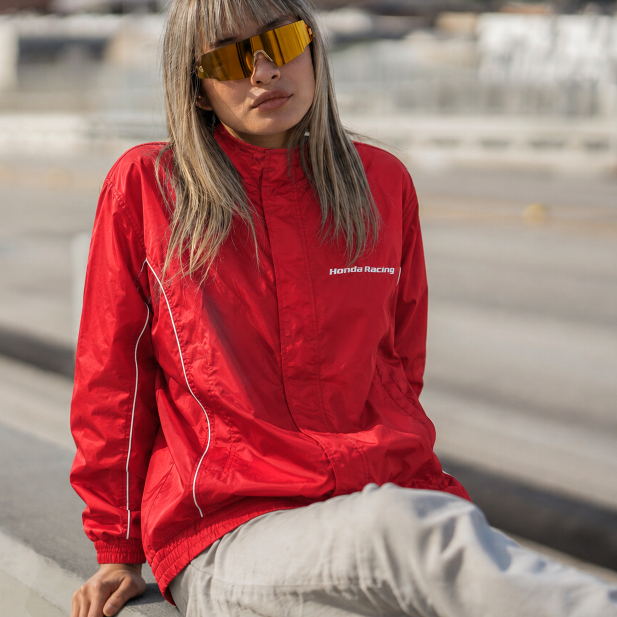 A woman wearing a bright red windbreaker jacket with white piping and 'Honda Racing' text on the chest, paired with light gray pants and gold-tinted sunglasses, sitting outdoors on concrete steps.