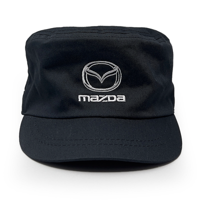 Black cap with Mazda logo on a white background