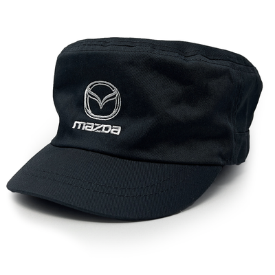 Black cap with Mazda logo on a white background