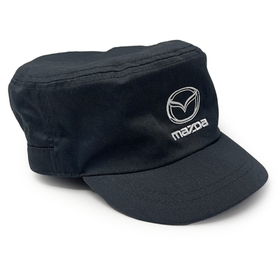 Black cap with Mazda logo on a white background