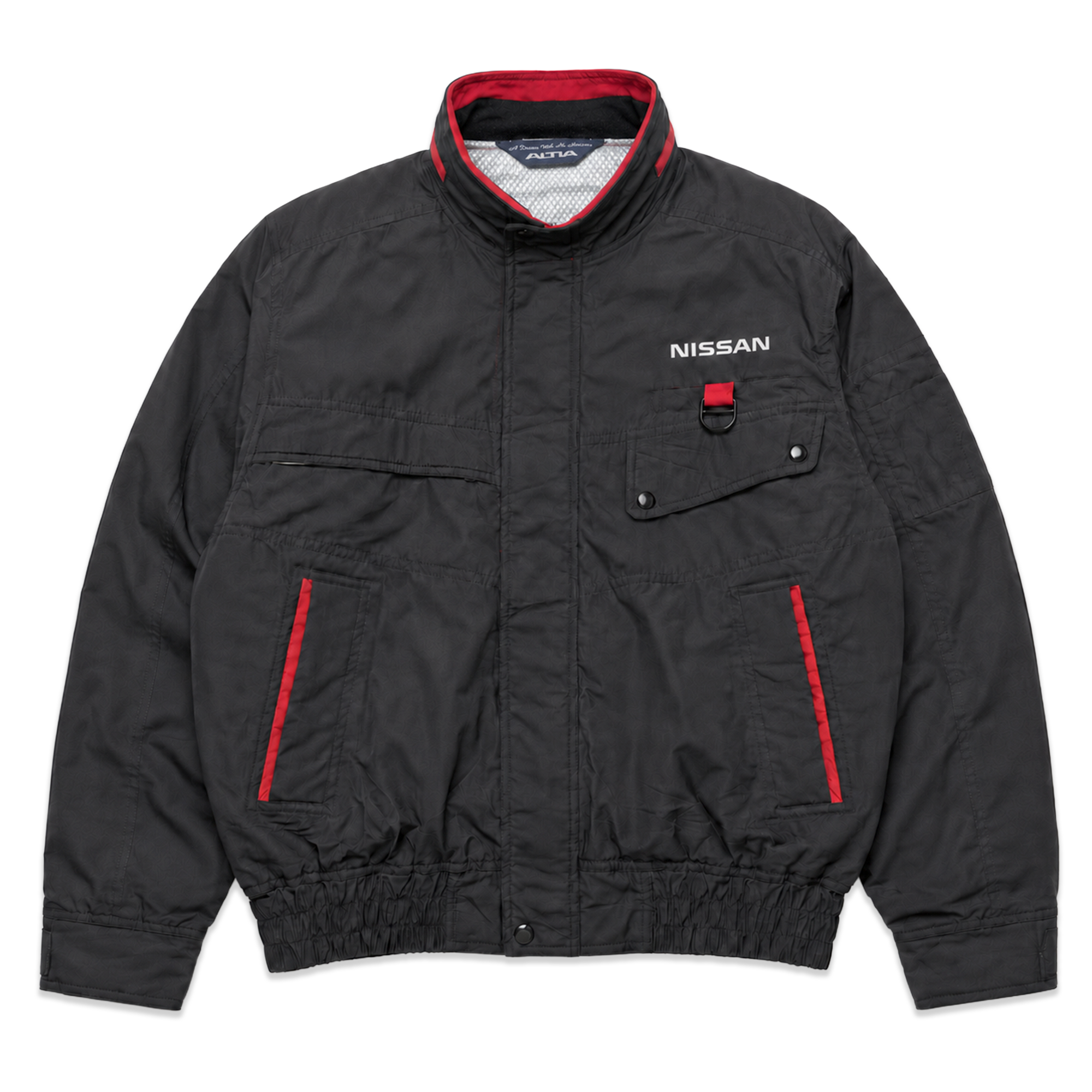 Black jacket with red accents and Nissan logo on a white background