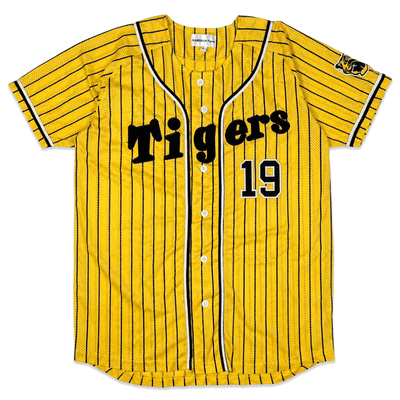 Retro NPB Hanshin Tigers Shintaro Fujinami Striped Baseball Jersey Yellow 19 - Sugoi JDM