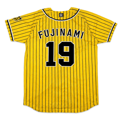 Retro NPB Hanshin Tigers Shintaro Fujinami Striped Baseball Jersey Yellow 19 - Sugoi JDM