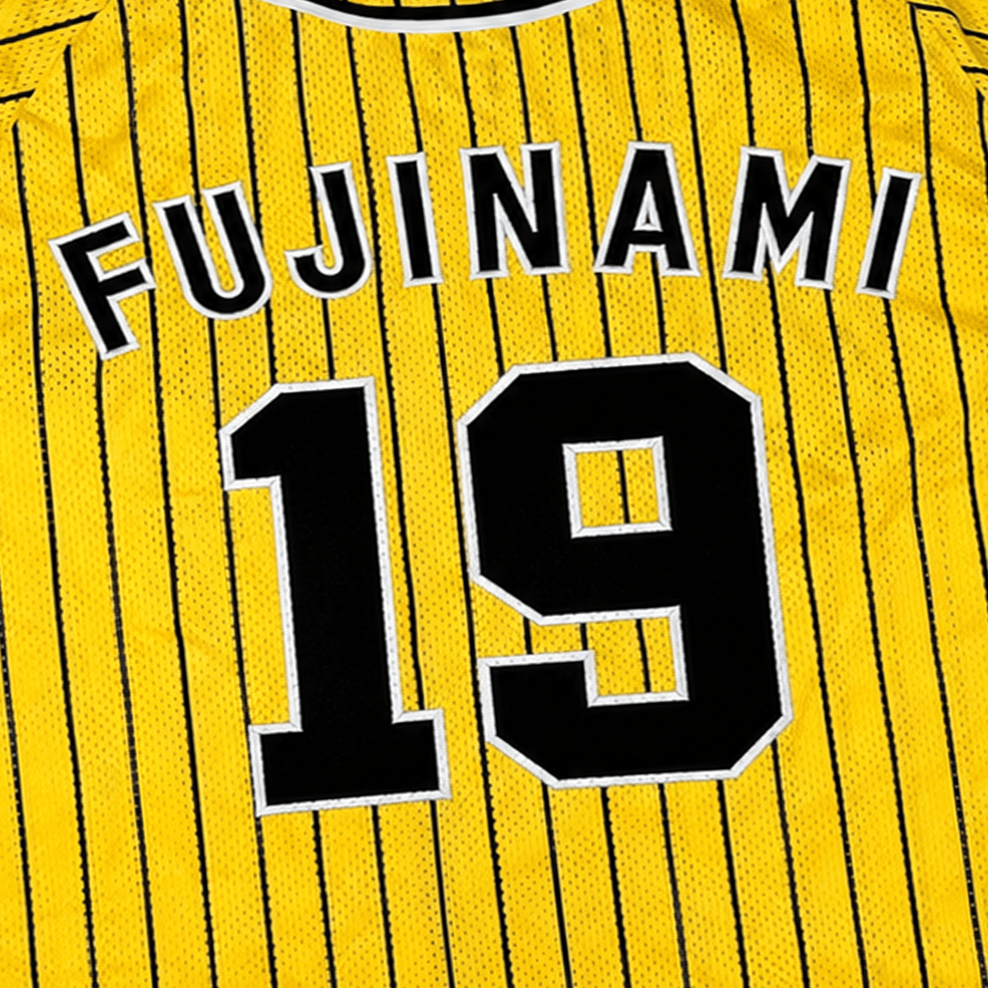 Retro NPB Hanshin Tigers Shintaro Fujinami Striped Baseball Jersey Yellow 19 - Sugoi JDM