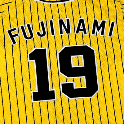 Retro NPB Hanshin Tigers Shintaro Fujinami Striped Baseball Jersey Yellow 19 - Sugoi JDM