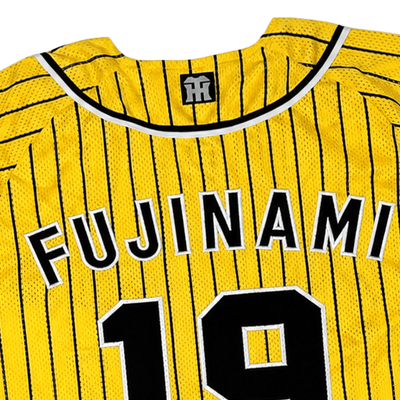 Retro NPB Hanshin Tigers Shintaro Fujinami Striped Baseball Jersey Yellow 19 - Sugoi JDM