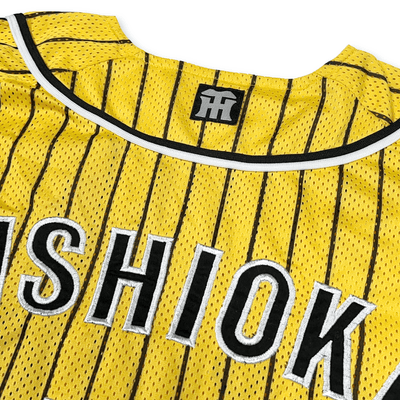 Retro NPB Hanshin Tigers Tsuyoshi Nishioka Pin Stripe Baseball Jersey Yellow - Sugoi JDM