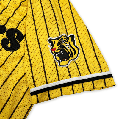 Retro NPB Hanshin Tigers Tsuyoshi Nishioka Pin Stripe Baseball Jersey Yellow - Sugoi JDM