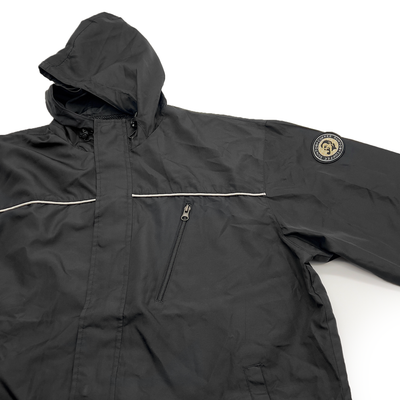 Black jacket with a brand logo on a white background