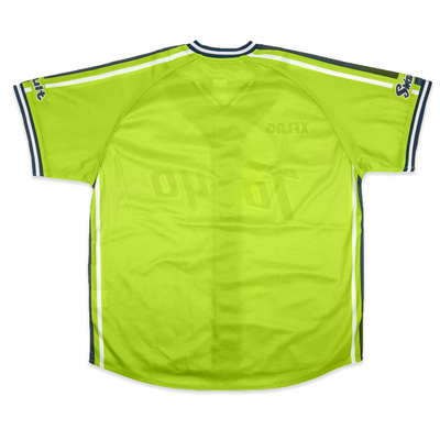 Bright green sports jersey with branding on a white background