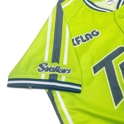Green sports jersey with 'KFLAG Swallows' branding on a white background