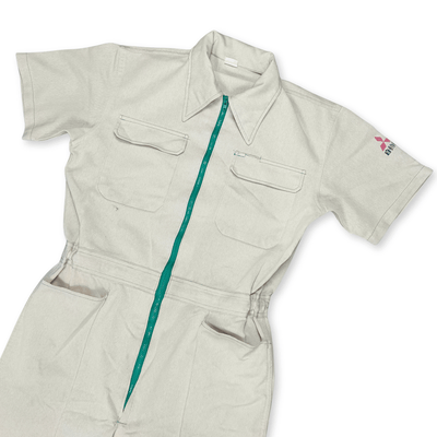 Vintage 1970s JDM Showa Mitsubishi Motors Short Sleeve Coveralls Tsunagi Beige - Sugoi JDM