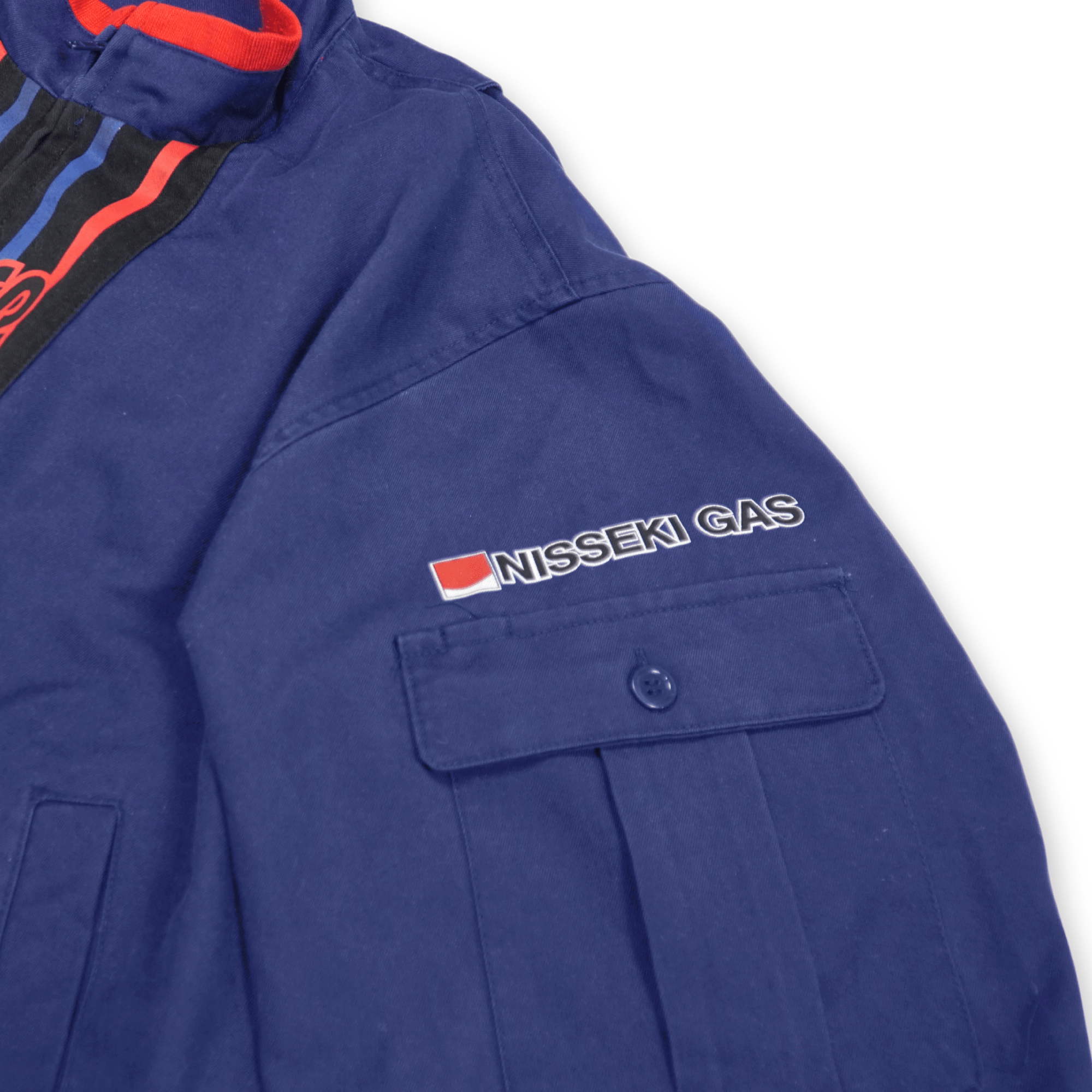 Vintage Showa Japan Nisseki Gas Station Staff Workwear Bomber Jacket Blue - Sugoi JDM