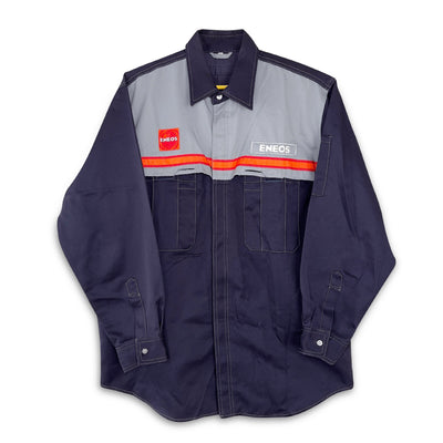 Retro Japan JDM ENEOS Oil Staff Long Sleeve Button Up Shirt Blue - Sugoi JDM